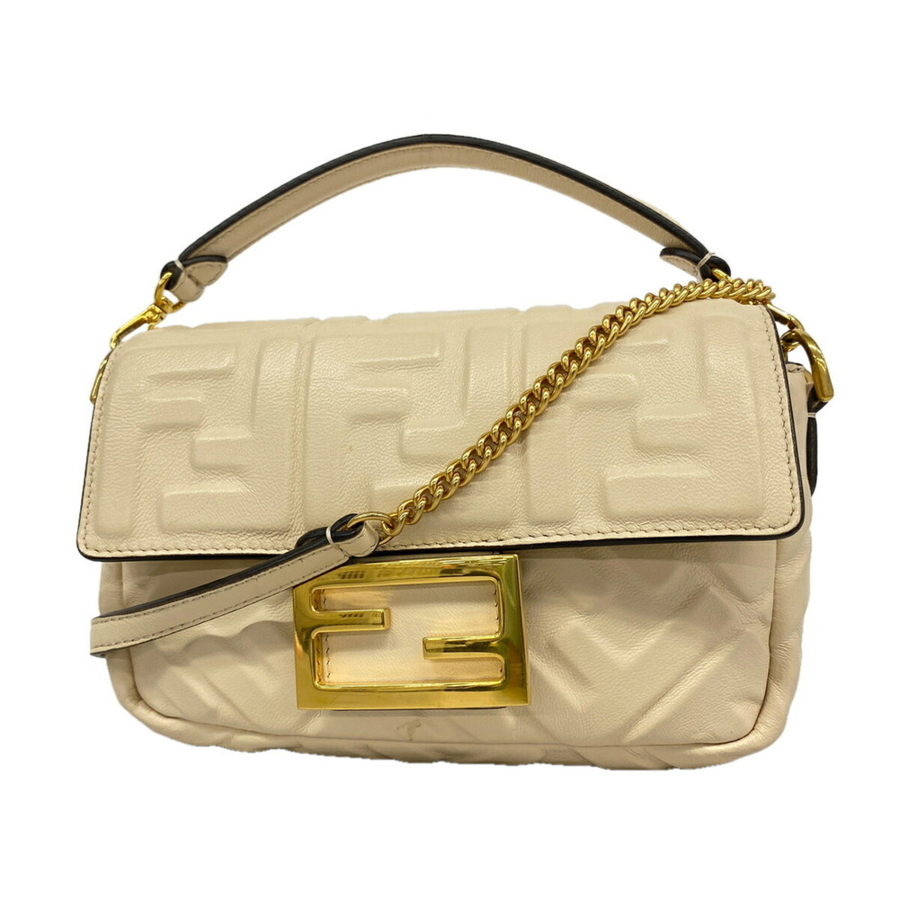 Fendi Baguette Leather Handbag, Ivory, 2-way Bag for Women